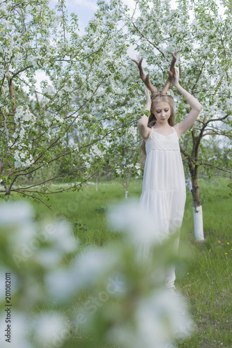 Teen beautiful blonde girl wearing white dress with deer horns on her head and white flowers in hair stays in a spring blooming garden of trees covered with white flowers. © Алексей Торбеев