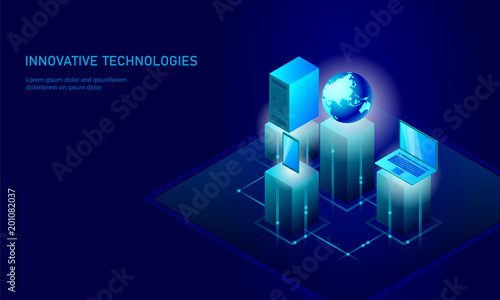 Isometric global networking planet Earth business concept. Blue glowing isometric personal information data connection pc smartphone future technology. 3D infographic vector illustration