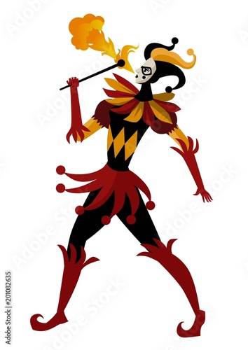 female harlequin dancing with fire