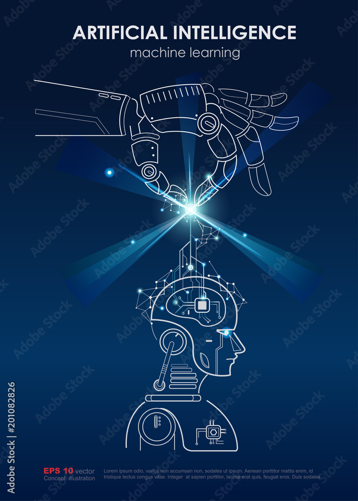 Artificial intelligence (AI) and Machine learning poster concept. Robotic  hand put digital big data, neural networks and printed circuit board into  robotic's brain for deep learning. Stock Vector | Adobe Stock
