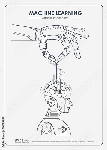 Artificial intelligence (AI) and Machine learning poster concept. Robotic hand put digital big data, neural networks and  printed circuit board into robotic's brain for deep learning.