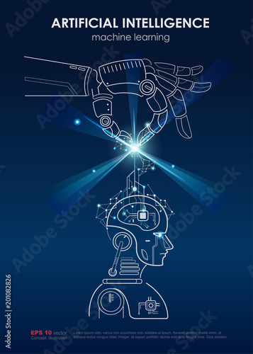 Artificial intelligence (AI) and Machine learning poster concept. Robotic hand put digital big data, neural networks and  printed circuit board into robotic's brain for deep learning.