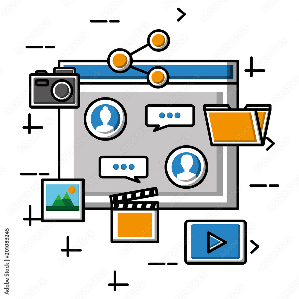 screen with chat talk people folder share photo social media vector illustration