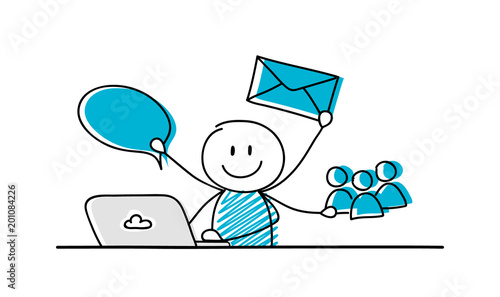 Funny stickman showing communications symbols: chat, email, mobile and laptop. Vector.