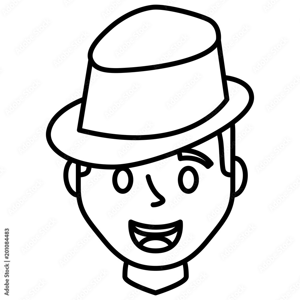 happy man face with elegant hat vector illustration outline
