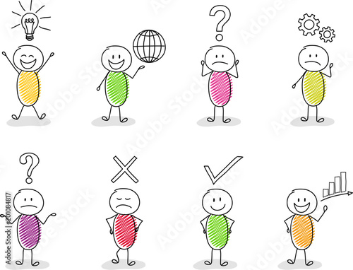 Big collection of funny business stickmen with icons. Vector.