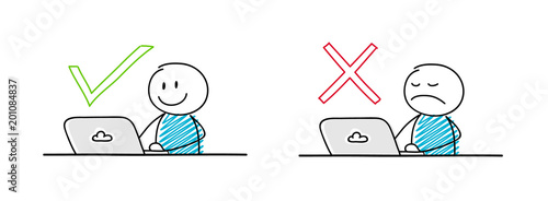 Set with funny stickmen working on laptop with check mark and x mark icons. Vector.