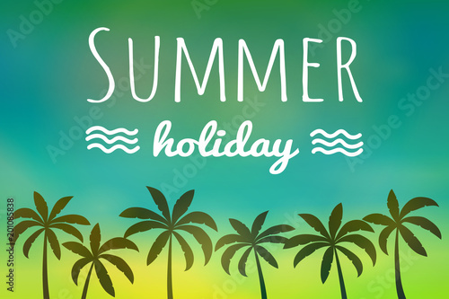 Paradise summer under palm trees. Shiny poster with text. Vector. © Karolina Madej