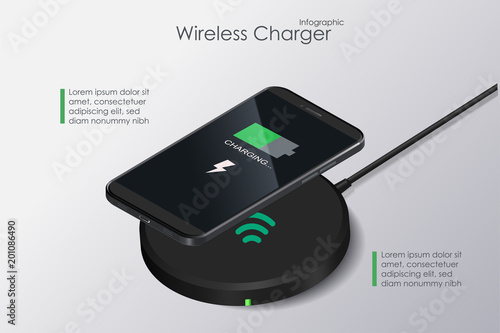 Wireless Charger banner. Realistic modern black smartphone isolated, borderless and no home button. Charging battery on charging pad. Wireless charging technology concept on white background.