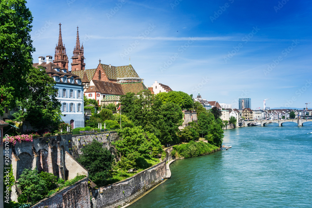 BASEL, SWITZERLAND - June 16, 2017: Rhine river in Basel, Switzerland