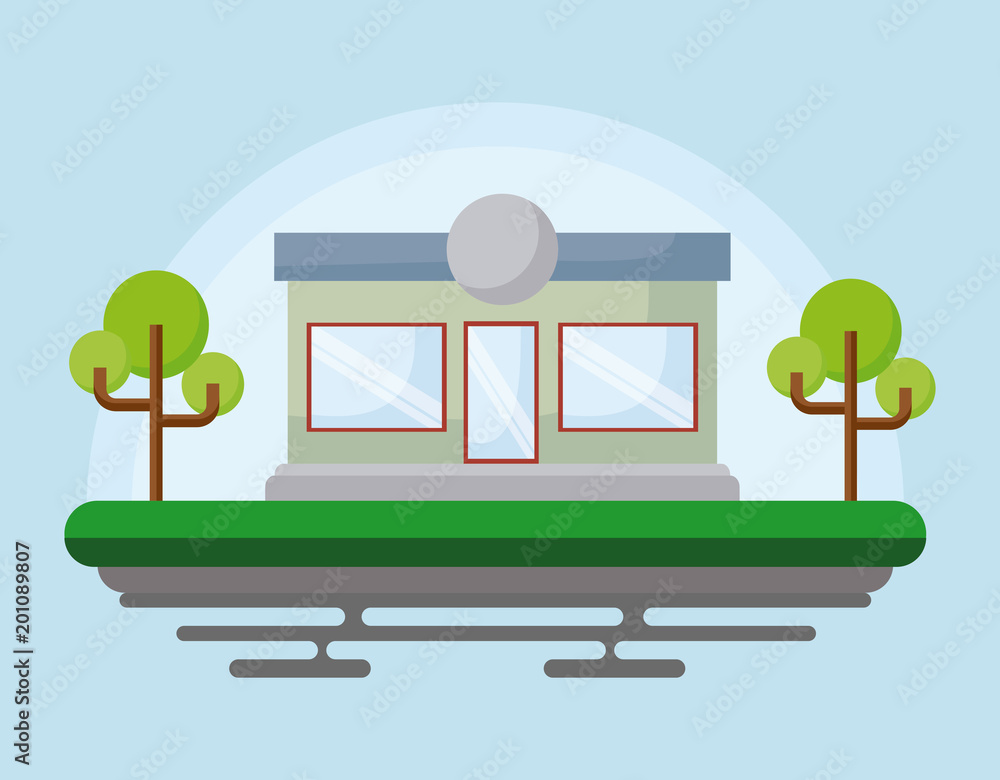 Landscape with store and trees over blue background, colorful design. vector illustration
