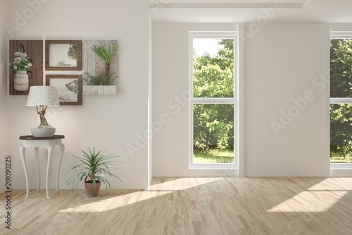 White empty room with decor and summer landscape in window. Scandinavian interior design. 3D illustration © AntonSh