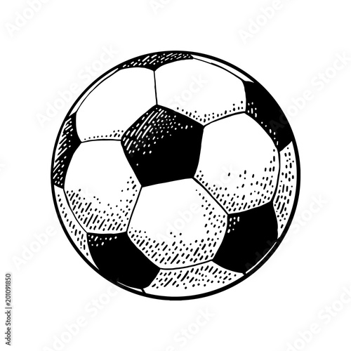 Soccer ball. Engraving vintage vector black illustration.