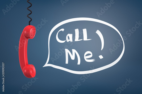 Foto 3d rendering of a red retro phone handle hanging down on a coiling cord near words Call me inside a speech bubble