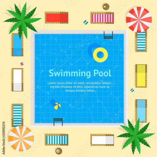 Pool with Blue Water Summer Vacation Concept Card Poster. Vector