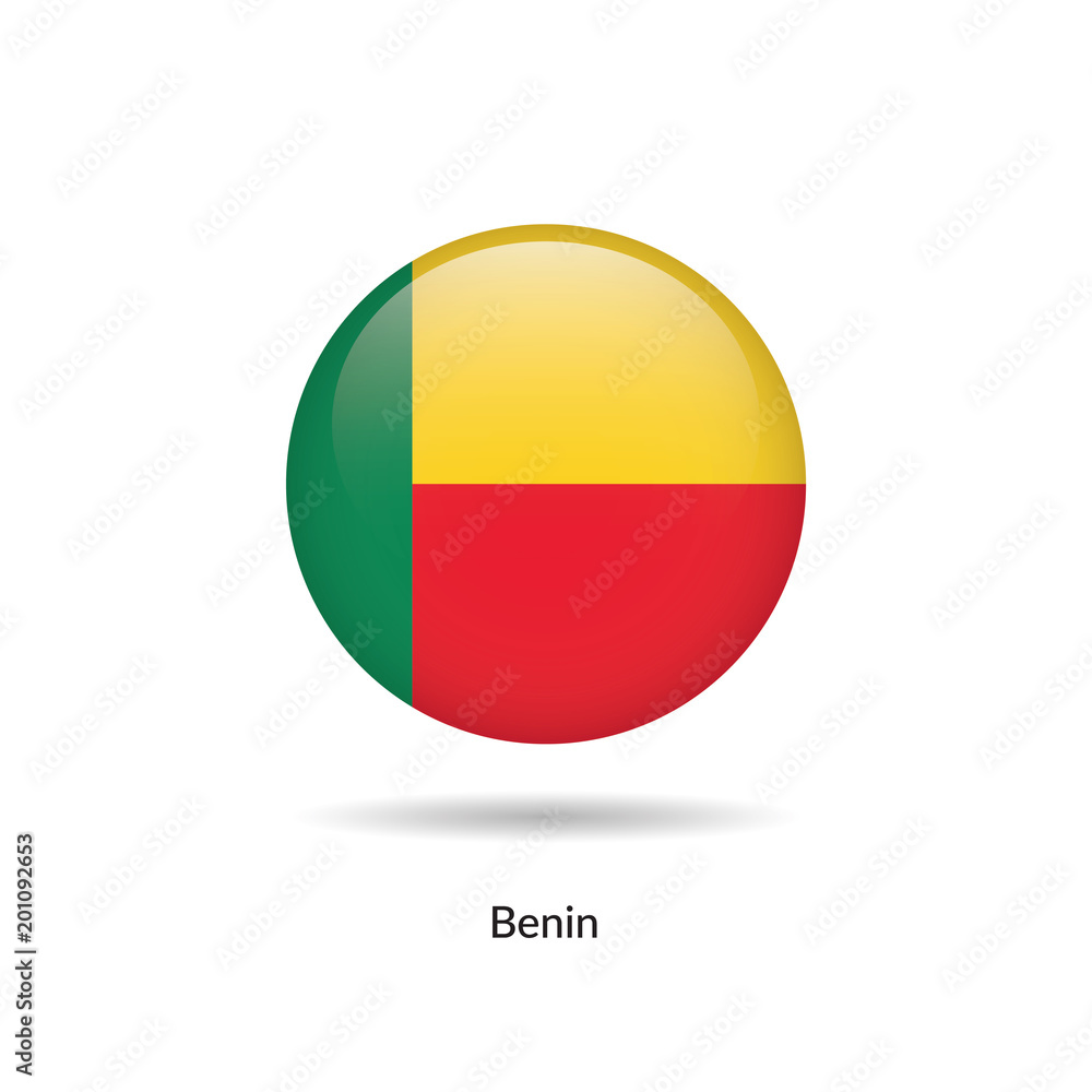 Benin flag - round glossy button. Vector Illustration. Benin flag - round glossy button. Vector Illustration.