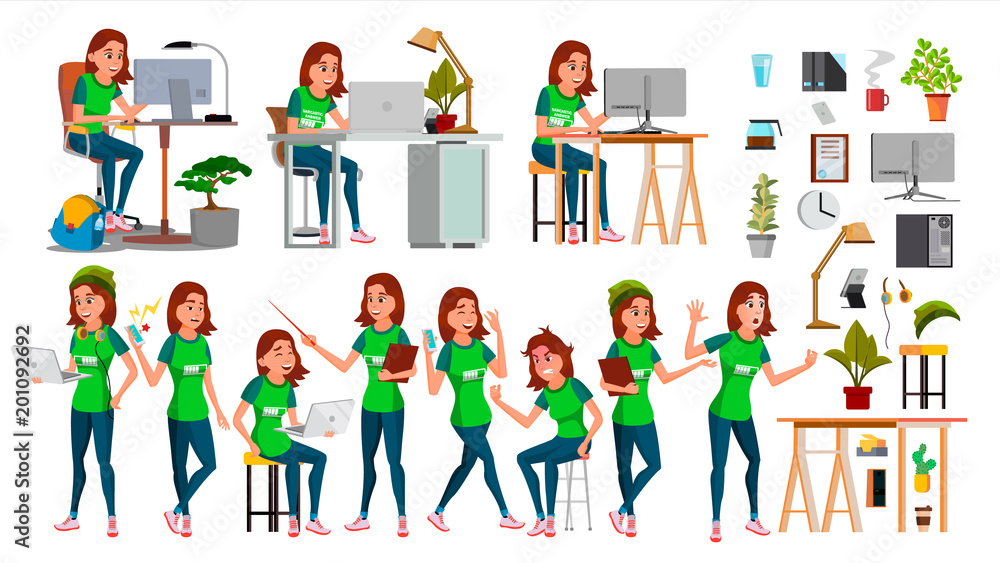 Young Business Woman Set Character Vector. In Action. IT Startup Business Company. Environment Process. Teen. Cartoon Illustration