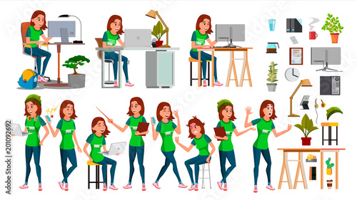 Young Business Woman Set Character Vector. In Action. IT Startup Business Company. Environment Process. Teen. Cartoon Illustration