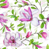 Seamless pattern, blooming magnolia and weave branches with green foliage. Illustration by markers, beautiful floral composition on a white background.