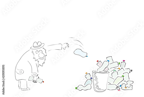 global polymer recycling problem/ vector illustration man throws plastic bottles with colored lids into a crowded dumpster 