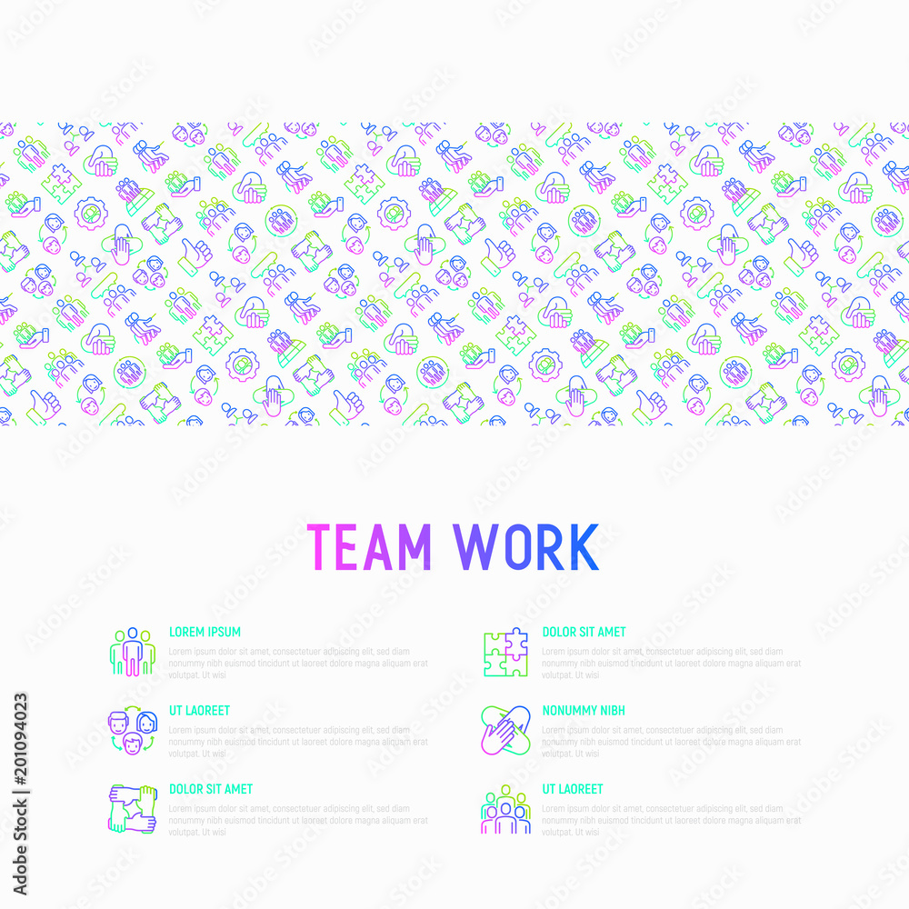 Teamwork concept with thin line icons: group of people, mutual assistance, meeting, handshake, tug-of-war, cooperation, puzzle, team spirit, cooperation. Modern vector illustration, web page template. Teamwork concept with thin line icons: group of people, mutual assistance, meeting, handshake, tug-of-war, cooperation, puzzle, team spirit, cooperation. Modern vector illustration, web page template.