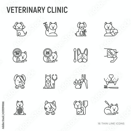 Veterinary clinic thin line icons set: blood transfusion, broken leg, protective collar, injection, cardiology, cleaning of ears, teeth, shearing claws, bandage on eye. Vector illustration.