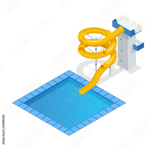 Isometric colourful water slide and tubes with pool, aquapark equipment, set for design. Swimming pool and water slides Vector illustration isolated on white background
