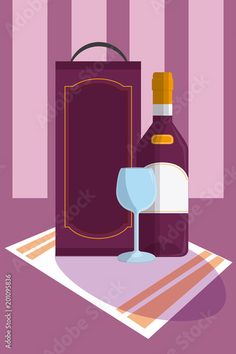 Wine bottle with cup on tablecloth