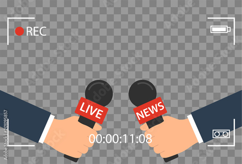 background with camera frame and record or rec vector isolated. focus TV in live news flat design. hand holding mic cartoon. Journalism and Microphone with journalist modern for sport in press