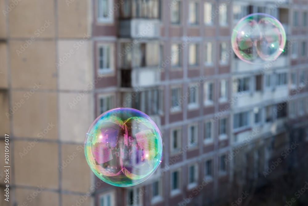 Soap bubble on city background Soap bubble on city background