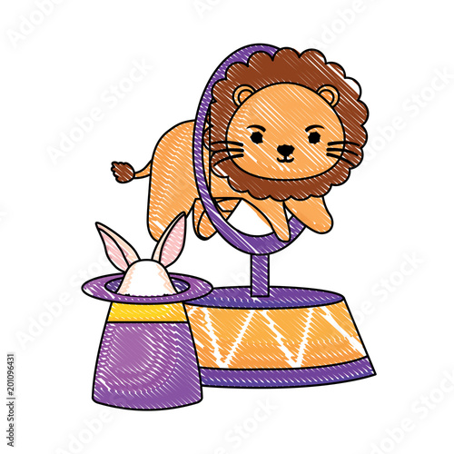 circus lion and magic hat over white background, colorful design. vector illustration