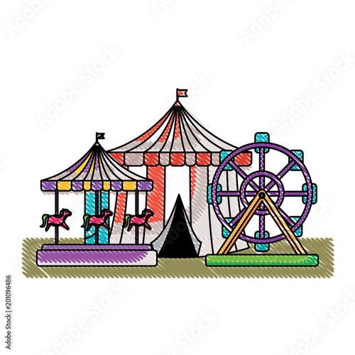circus carnival design with circus tent with carousel and ferris wheel over white background, colorful design. vector illustration