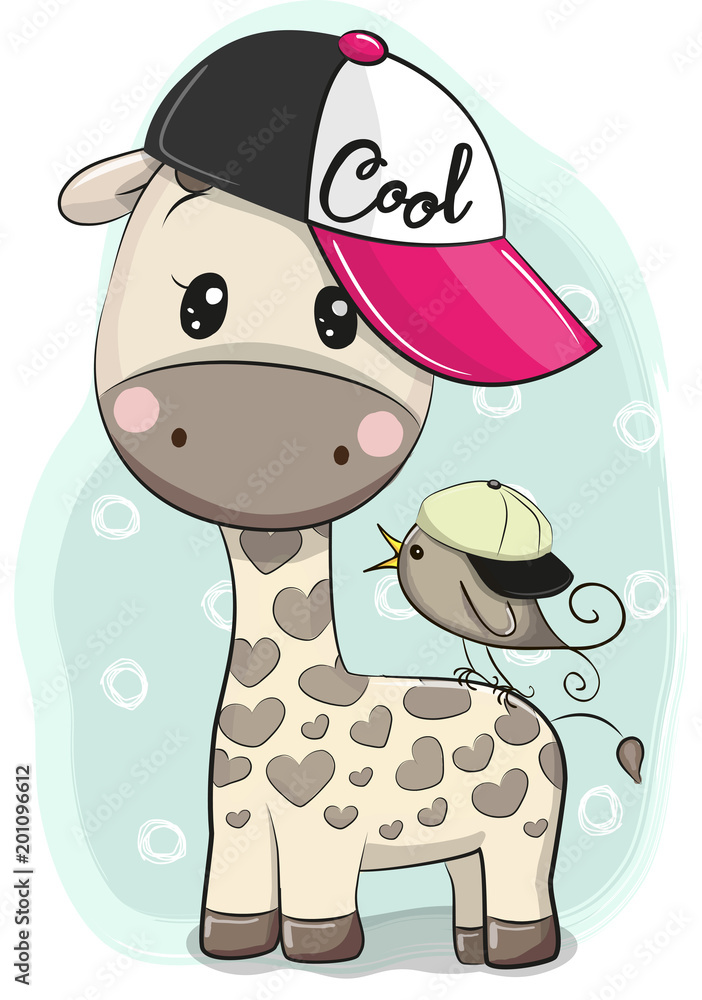 Fototapeta premium Cute Cartoon Giraffe in a cap with a bird