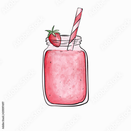 Bottle smoothie with strawberry. Vector illustration.Detox and healthy eating. Hand-drawn. Watercolor