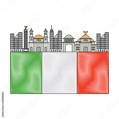 flag of mexico with iconic mexican building icon over white background, colorful design. vector illustration