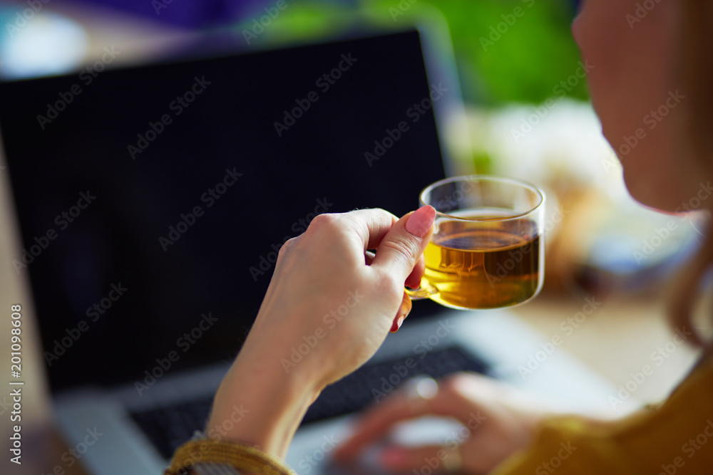 Young woman on a coffee break or enjoying the coffee-break, Using laptop computer. Young woman on a coffee break or enjoying the coffee-break, Using laptop computer.