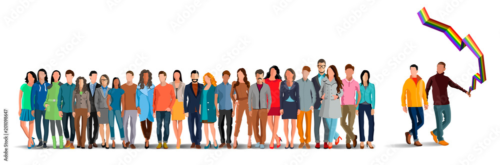 Obraz premium The LGBT parade. LGBT community. Gay parade. People with placards. Sexual revolution or free love. Holiday, celebration. Flat style. Flat design. Vector illustration Eps10 file