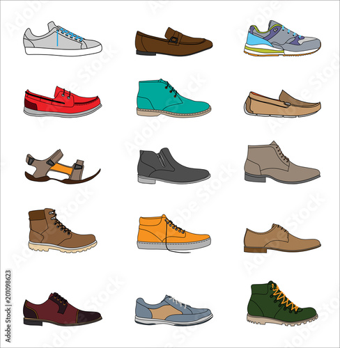 Shoes icons set. Footwear icons set. Set of shoes icons in a flat style. Collection of shoes pictograms. Shoe icons on white background. Vector illustration Eps10 file