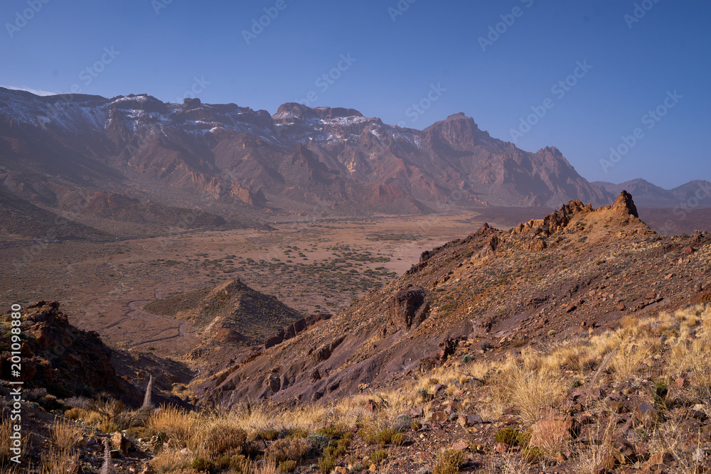 The beautiful view to volcanic lava and sandstone with grass on the Teide Volcano