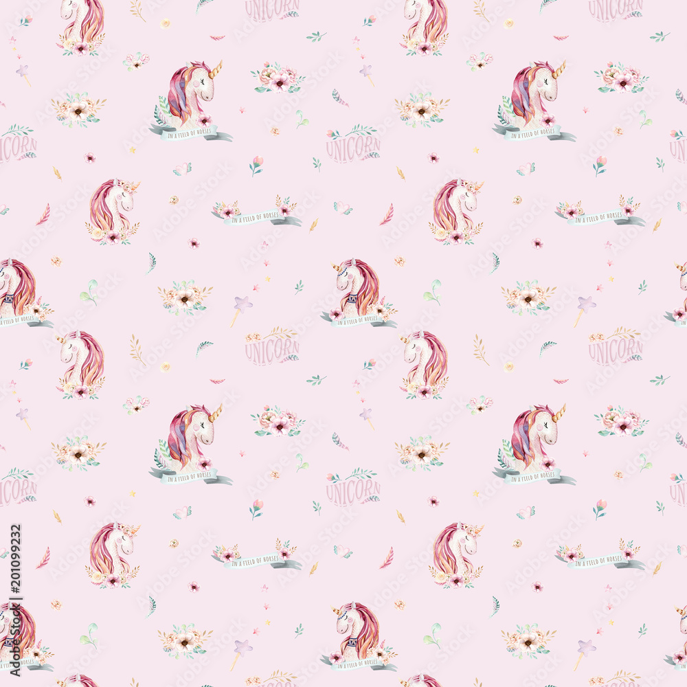 Cute watercolor unicorn seamless pattern with flowers. Nursery magic