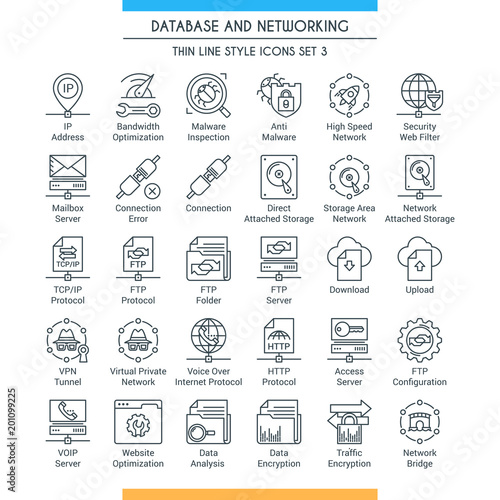 Database and networking icons set. Modern icons on theme storage, analysis, organization, synchronization and data transfer. Thin line design icons collection. Vector illustration