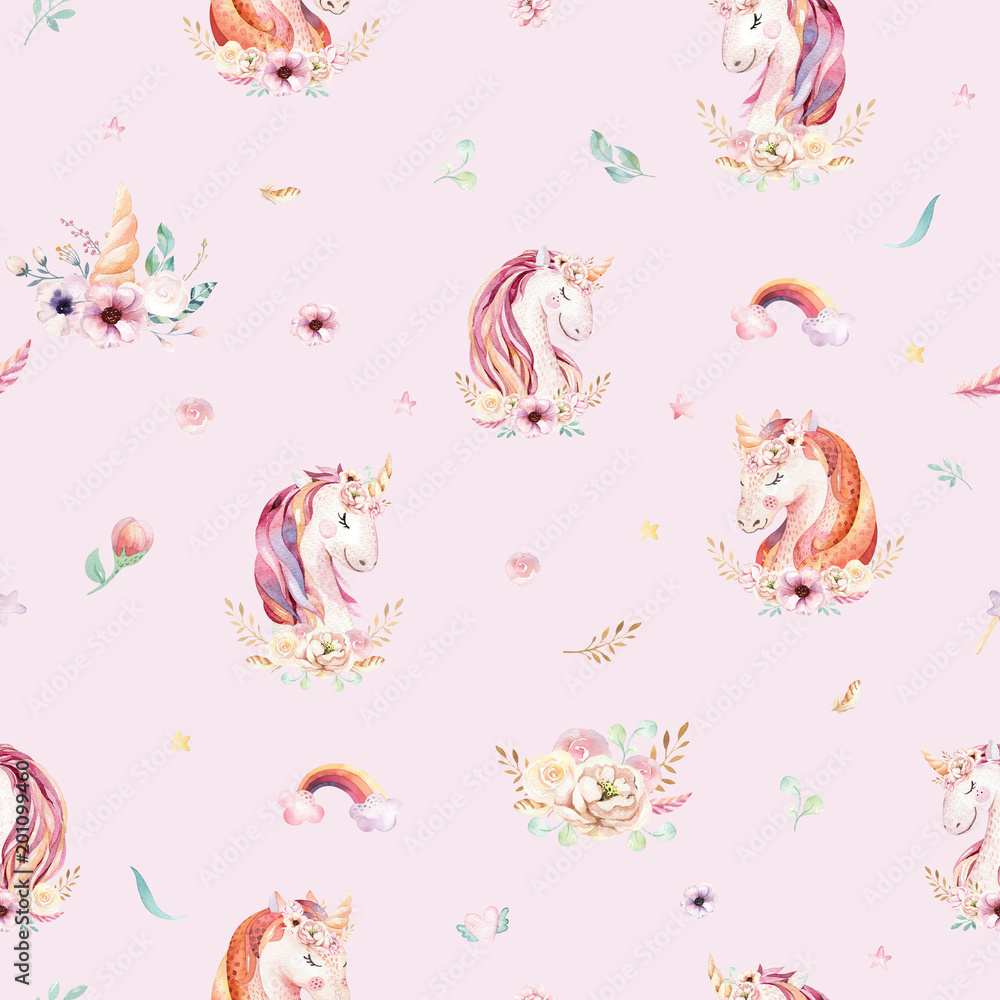 Fototapeta premium Cute watercolor unicorn seamless pattern with flowers. Nursery magic unicorn patterns. Princess rainbow texture. Trendy pink cartoon pony horse.