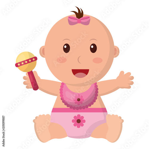 baby girl with diaper and jingle bell in hand vector illustration design