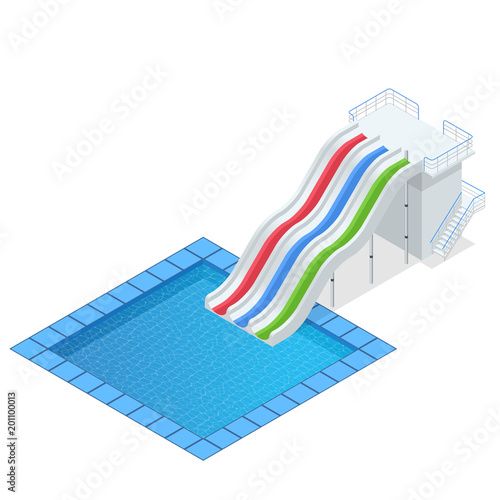 Isometric colourful water slide with pool, aquapark equipment, set for design. Swimming pool and water slides Vector illustration isolated on white background