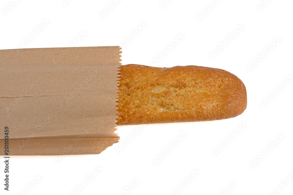 French baguette wrapped in paper on white background