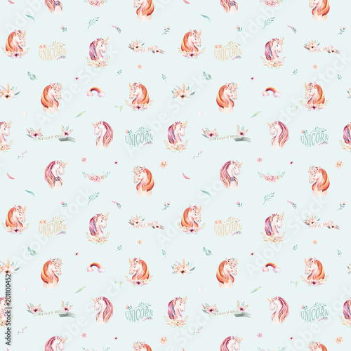 Cute watercolor unicorn seamless pattern with flowers. Nursery magic unicorn patterns. Princess rainbow texture. Trendy pink cartoon pony horse.