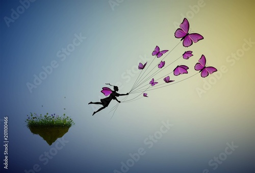 fairy holding flock of pink butterflies and flying away from the flower island, fairy character, fly to the sun, life in the dreamland on flying rock,