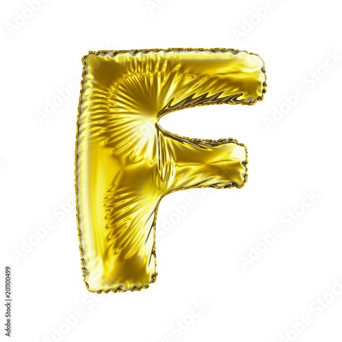 Golden letter F made of inflatable balloon isolated on white background.