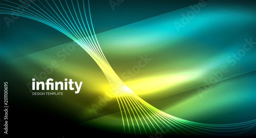 Abstract wave on dark background, shiny glowing neon digital background template