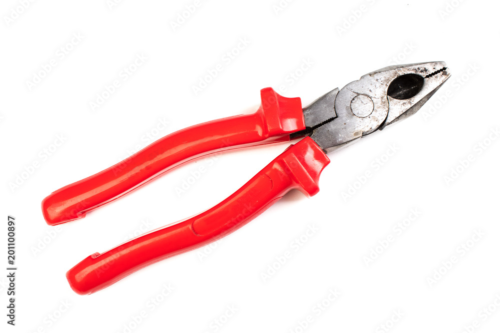 pliers red and black color on white background. Top view. pliers red and black color on white background. Top view.